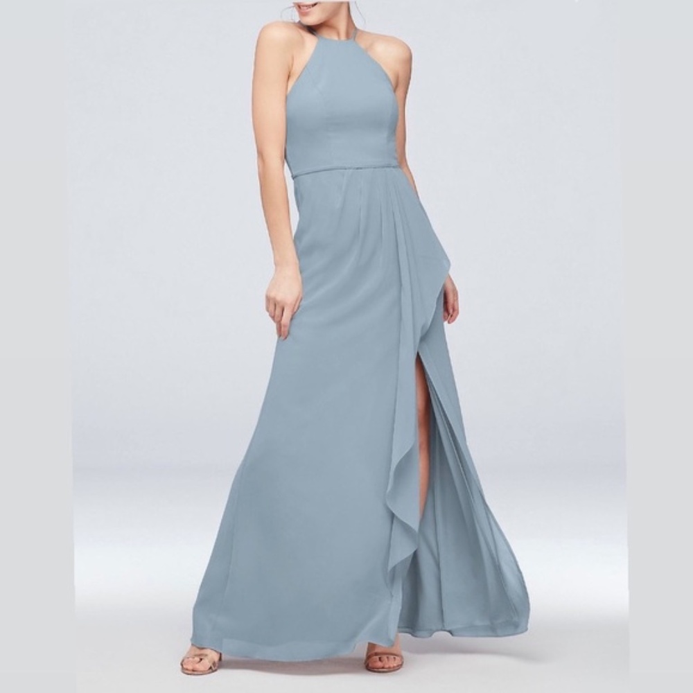 High-Neck Chiffon Bridesmaid Dress with Cascade in Dusty Blue